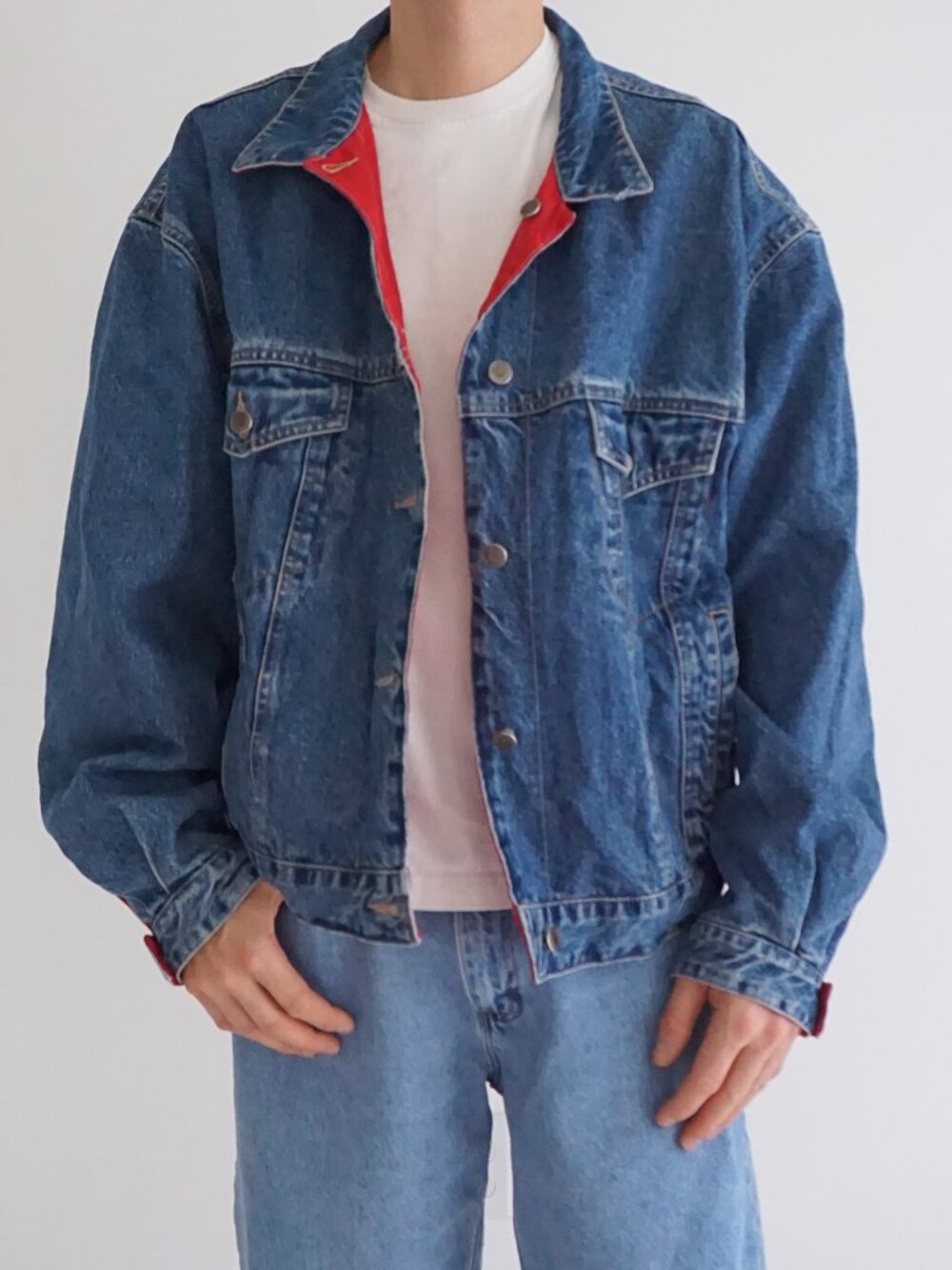Vintage '90s Gap Red Blue Reversible Denim Trucker Stitch Button Front Jacket XL